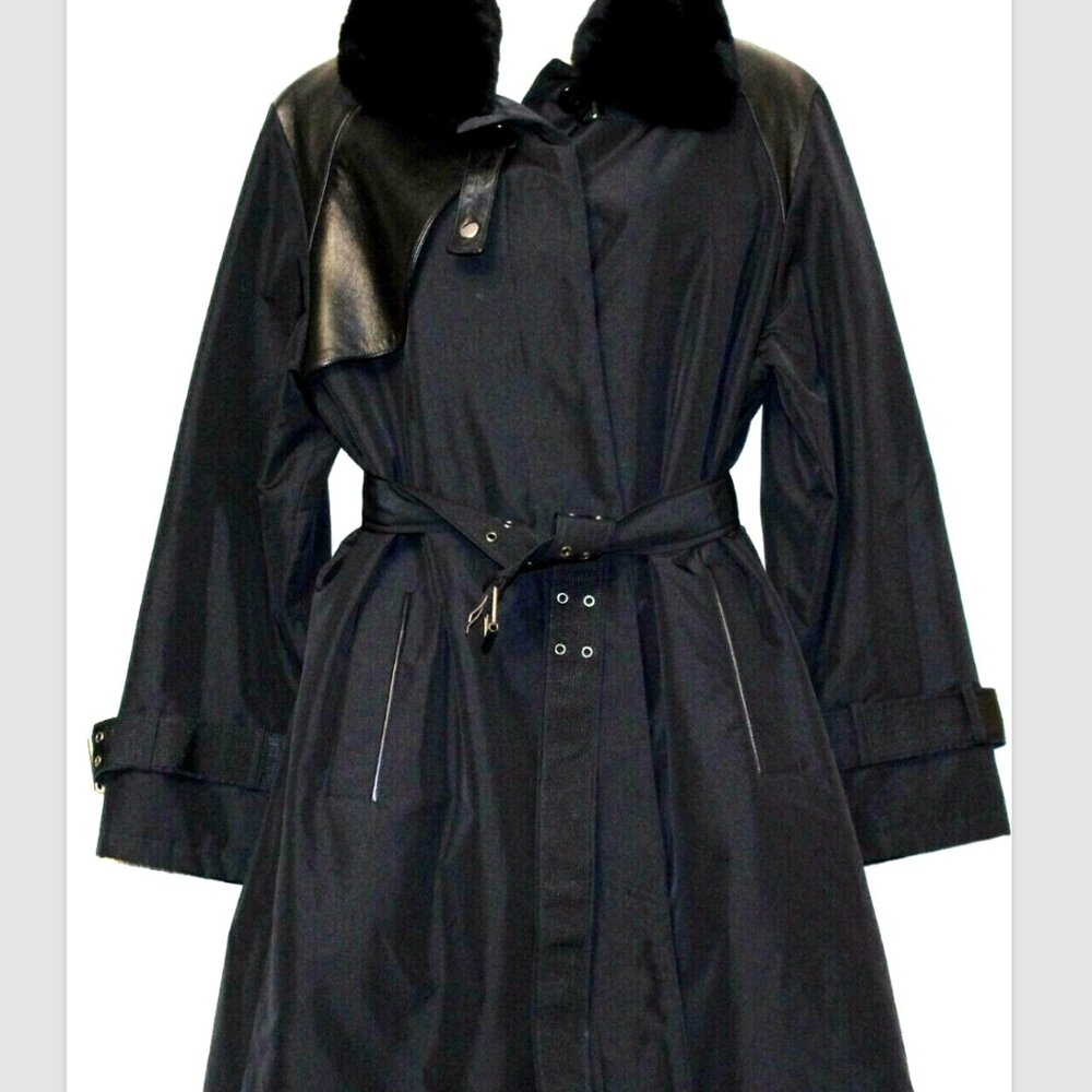 Natural North Montreal Black Rabbit Fur Lined Leather Trim trench coat Size:M